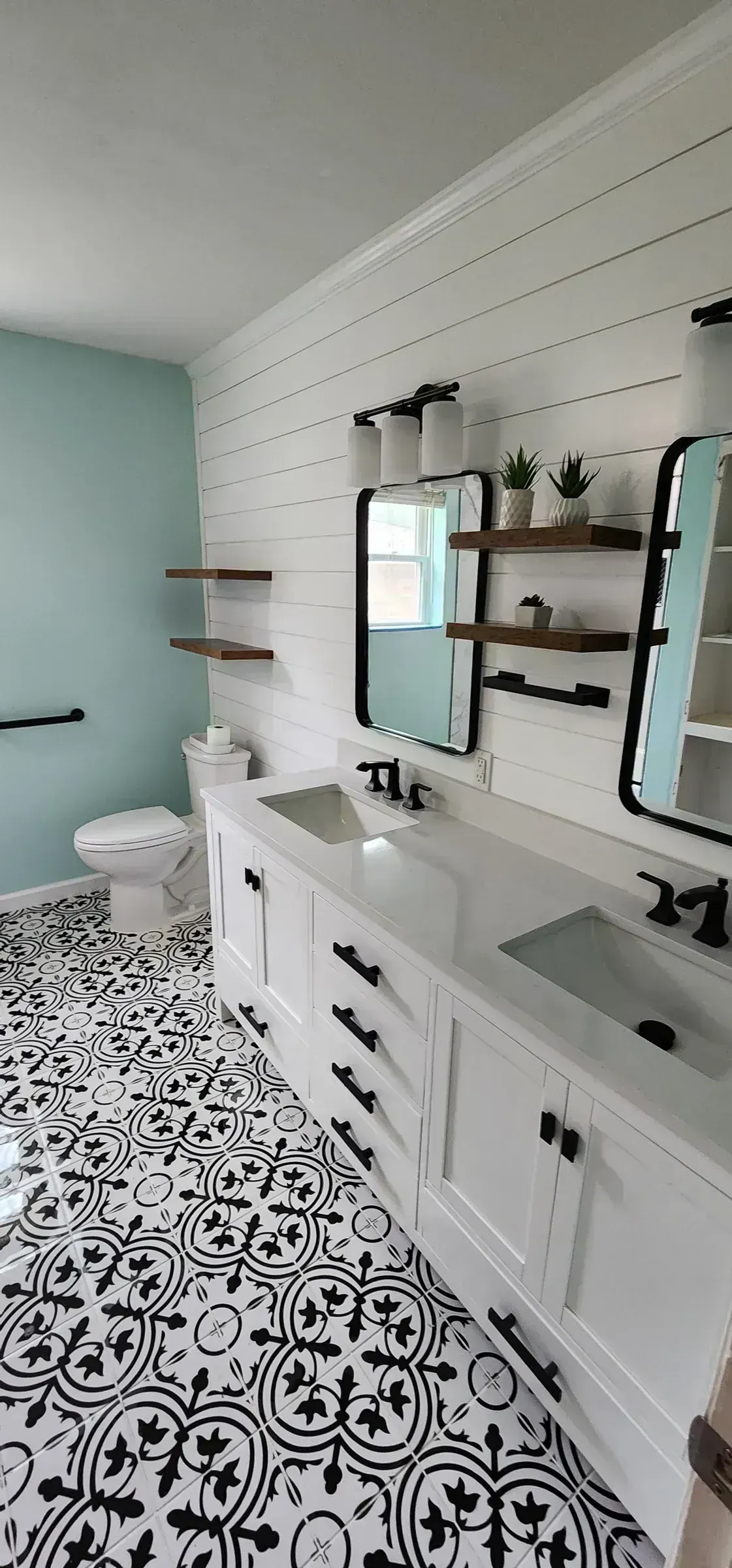Patterned Tile and Shiplap Bath by BNB Concepts